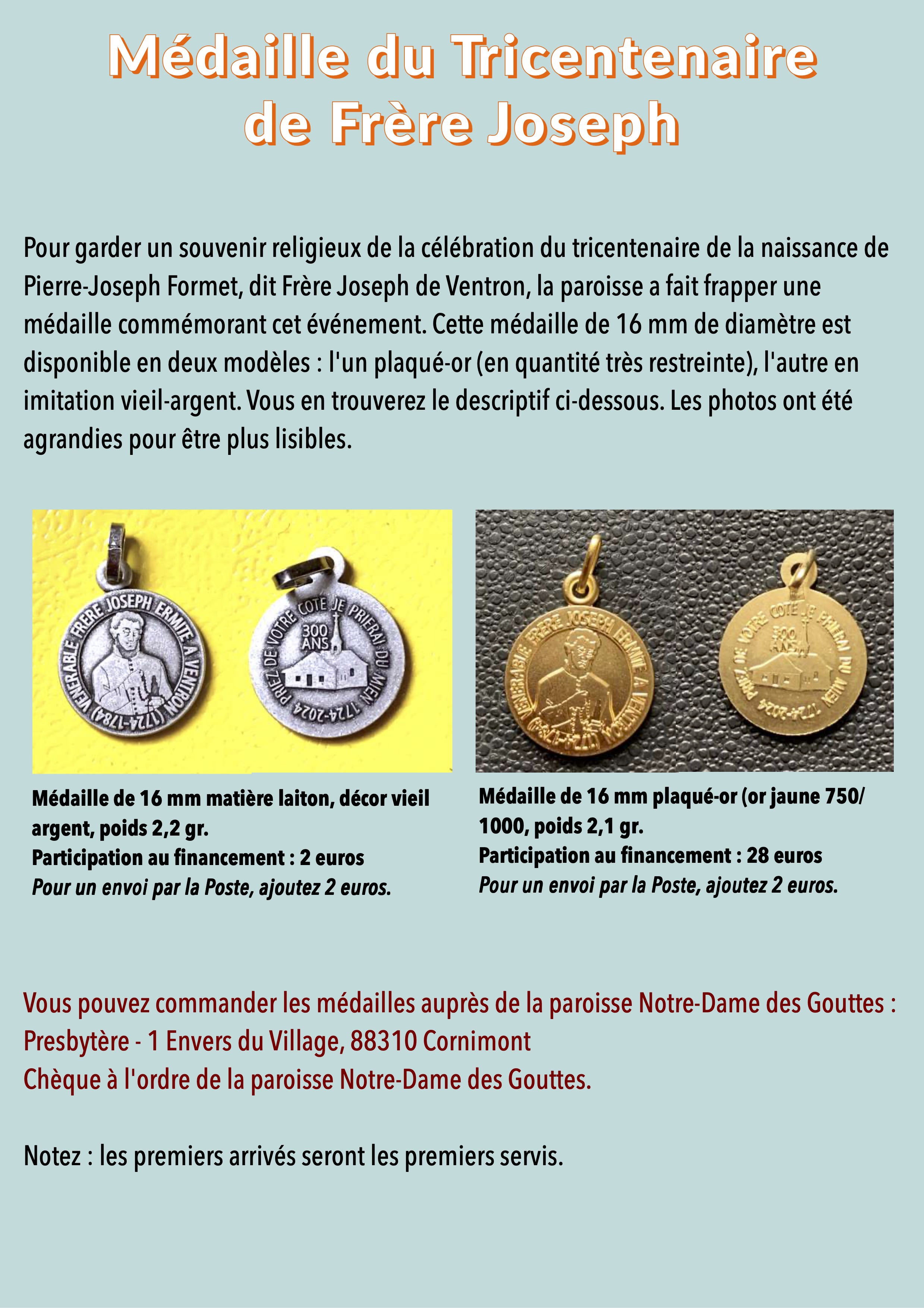 Médaille Frère Joseph tricentenaire
